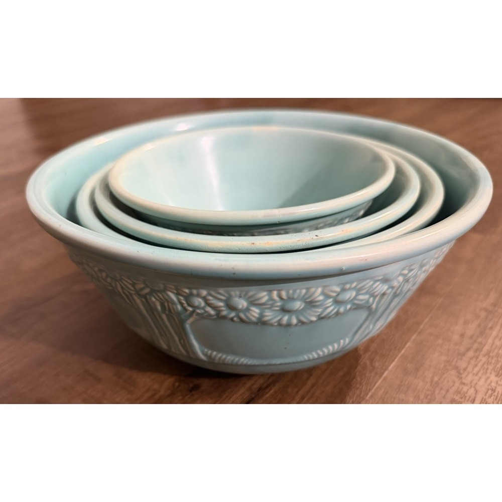Vintage 1930s Homer Laughlin Apple Tree Nesting Mixing Bowls Aqua Blue Set of 4